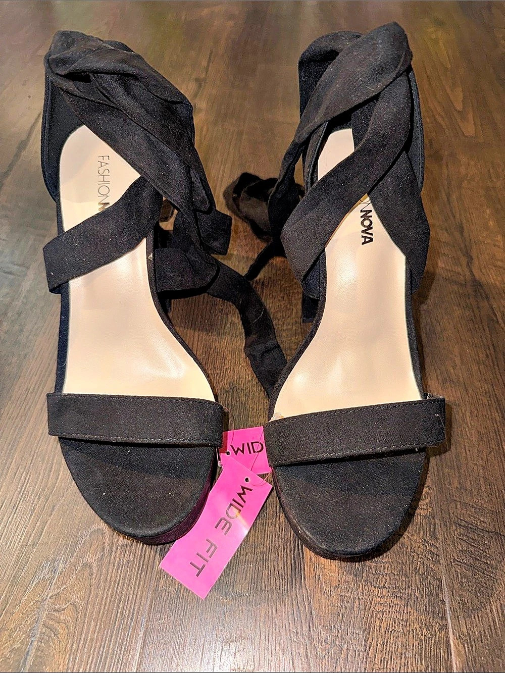 Fashion Nova Black Suede Platform Lace-Up Heels WIDE NWT